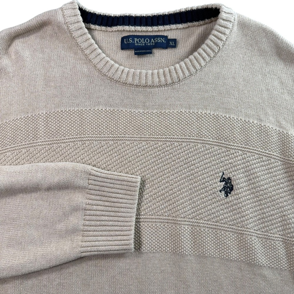 U.S. Polo Assn. Sweater Mens XL Tan Beige Cotton Textured Old Money Aesthetic